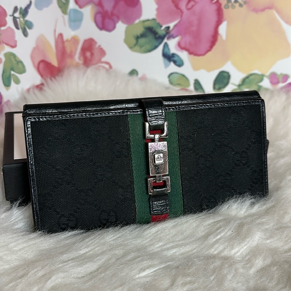 Vintage Gucci Jackie GG Canvas Web Stripe Continental Long Wallet Black